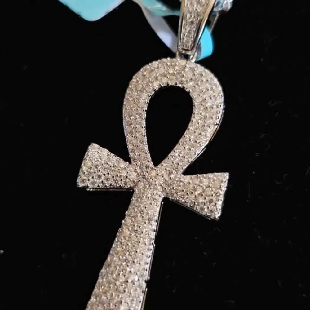.87CTW VVSD Moissanite Ankh pendant in .925 sterling silver on 18